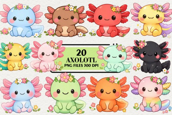 Download Kawaii Axolotl Floral Clipart Bundle - Floral clipart Collection